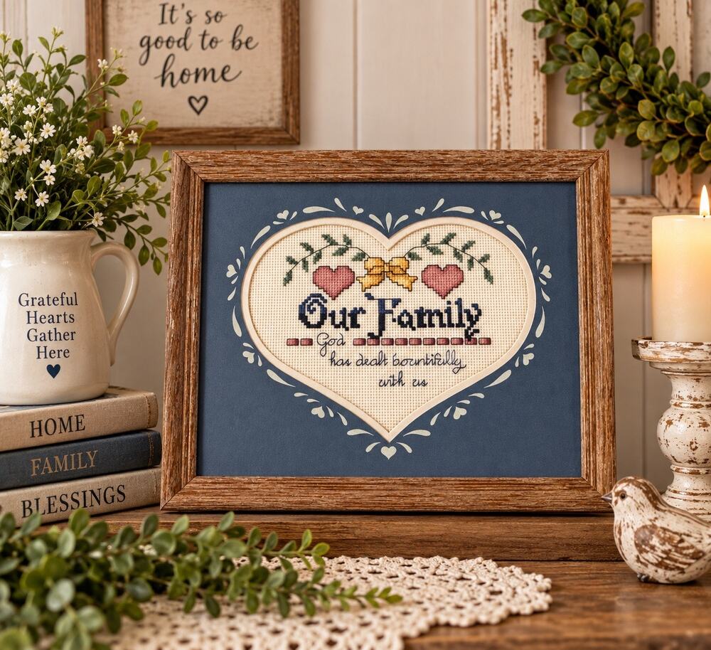 Framed “Our Family” Cross Stitch Sampler Christian Scripture Heart Country Decor